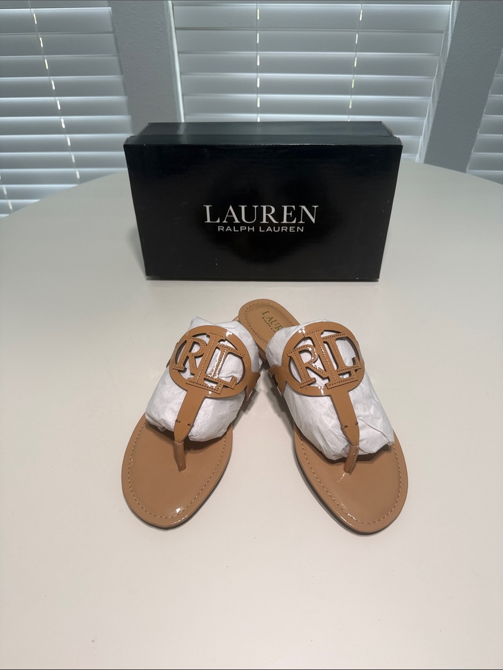 Lauren Ralph Lauren Buff Patent Logo Audrie Thong Sandals with RL Medallion